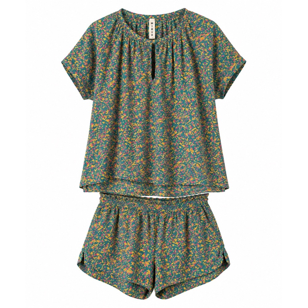 Mirth Pajama Short Set Teal Mustard Abstract Print 100% Cotton Handmade XS